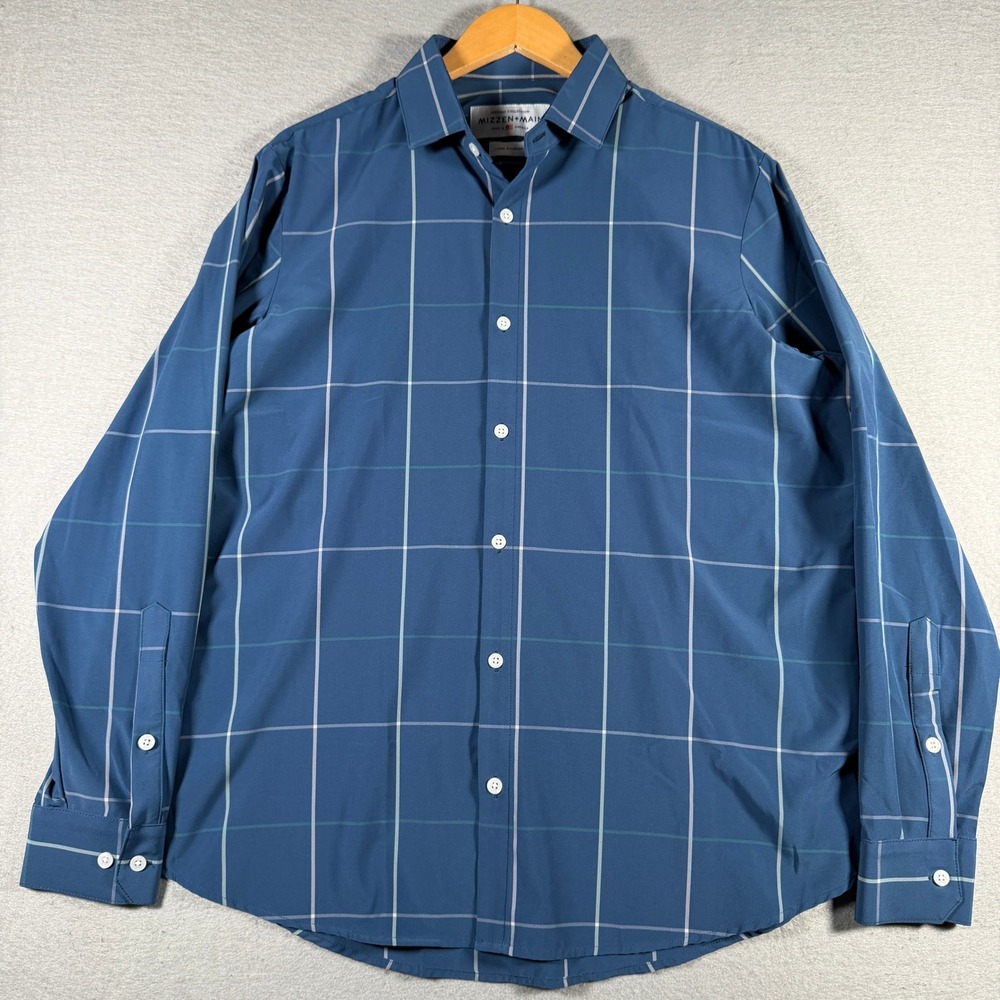Mizzen+Main Leeward Collection Mens Large Standard Fit Blue Windowpane Shirt